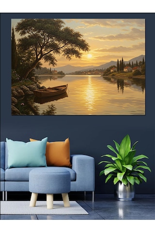 Sakin Göl Gün Batımı Dekoratif Kanvas - Mdf Ahşap Tablo