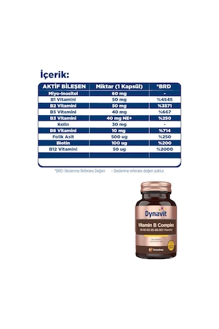 Dynavit Vitamin B Complex 50 Kapsül - B1, B2, B3, B5, B6, B12 Vitamini- Enerji