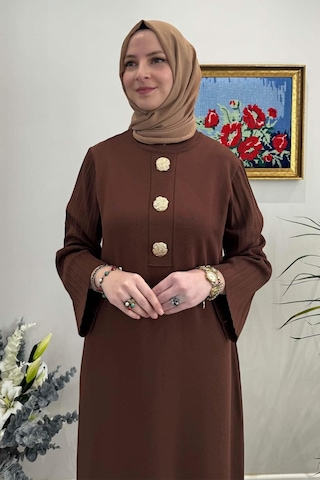 Banu Broşlu Triko Elbise Kahve Normal