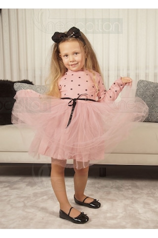 Puantiyeli Kız Çocuk Uzun Kollu Doğum Günü Ve Özel Günler İçin Tüllü Elbise Gülkurusu