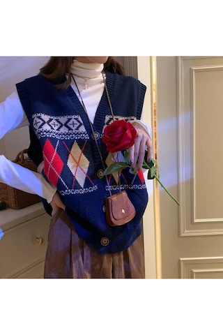 Moda V Yaka Örme Yelek Kadın Sonbahar Yeni Gevşek Montaj Vintage Hırka Kolsuz Üst Lacivert