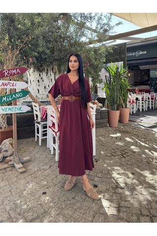 WeShaya Bordo Kruvaze Kemerli Saten Elbise Bordo