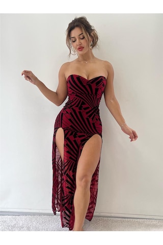 Pink Life Kırmızı Geometrik Desenli Flog Baskılı Astarlı Maxi Elbise-Kırmızı