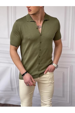 Modefendi Slim Fit Polo Yaka Triko Pamuk Kısa Kollu Gömlek Haki