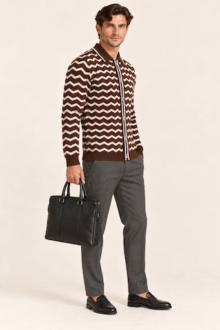 Tarz Cool Erkek Polo Yaka Zikzak Desenli Düğmeli Triko Hırka Akrilik Karışımlı Slim Fit Kahverengi