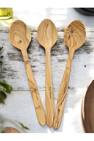 F&s Woodart 3 Adet Edremit Zeytin Ağacı Doğal Ahşap El Yapımı Tahta Kaşık Yemek Kaşığı 29 Cm Tencere Kaşığı