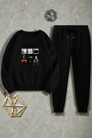 Uyguntarz Unisex The Weekend Tasarım Basklı Bisiklet Yaka Sweatshirt - 2'li Eşofman Takımı Siyah
