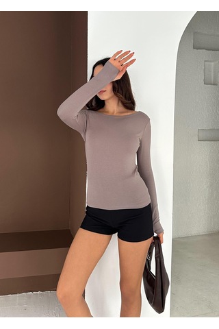 Elaxi Kadın Kayık Yaka Parmak Geçmeli Uzun Kollu Full Likralı Pamuk Viskon Buzzy Body Tişort Vizon