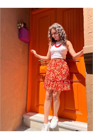 Buse Vual Kısa Etek Tomurcuk Desen Turuncu 6168