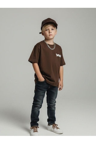 Zekids Erkek Çocuk Sırt Baskılı Tasarım T-shirt-16955 Kahverengi