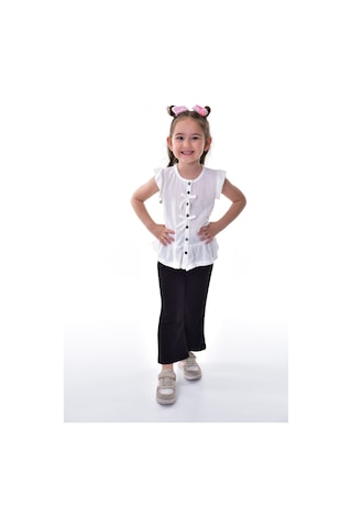 Fırfır Kollu Düğmeli Fiyonk Detaylı Kız Çocuk Alt-üst Takım Beyaz