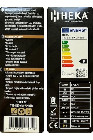 10 Adet Heka 6w 48w 2500k Günışığı E27 Duylu Kalın Duy Şeffaf Led Ampul