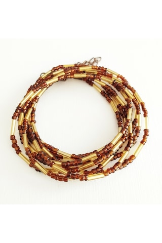 K117 Minimal, Zarif Boncuk, Dolamalı Kolye Altın - Kahverengi