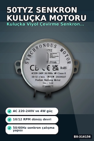 Kuluçka Motoru 50 Tyz 10/12 Rpm Yumurta Viyol Çevirme Makinesi Motor Parçası Bx-316156