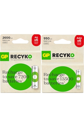 GP Batteries ReCyko 2600mAh AA Kalem 6’lı Kart + GP Batteries ReCyko 950mAh AAA İnce 6’lı Kart
