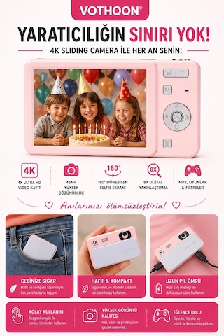 Dijital Kamera 4k Hd 48mp 16x Zoom Flaşlı Kayar Retro Video Kamera 2.8 Ekran 64gb Sd Kart Hediyeli Pembe N Belirtilmemiş