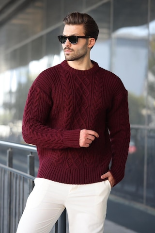 Madmext Bordo Örgü Desenli Triko Erkek Kazak E7425 Bordo