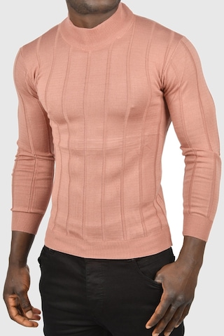 Deepsea Erkek Gülkurusu Slim Fit Likralı Tüylenme Yapmayan Yarım Balıkçı Çizgili Triko Yarım Boğazlı Kazak 2505503 Gülkurusu