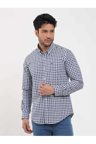 Dufy Lacivert Erkek Slim Fit Puantiyeli Brent Düğmeli Yaka Uzun Kol Gömlek - 104349-lacivert Lacivert