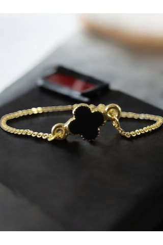 Gold Renk Minimal Siyah Yonca Bileklik Gold