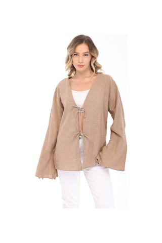 Blayn Jeans Blayn Kadın Keten Kimono Oversize Rahat Kalıp Yazlık Uzun Kollu Kimono Vizon
