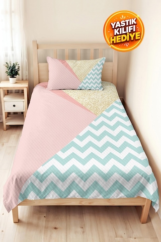 Pastel Geometrik Pembe Genç Kız Odası Tek Kişilik Pike Takımı - Zigzag Mint 160x220 Cm Yatak Örtüsü Gri