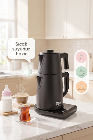 Egetürk TeaDem Vox Konuşan Dokunmatik Çay Makinesi Mama Suyu Hazırlama 1850W 1.7L Kettle 1.2L Demlik Siyah
