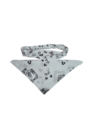 Kedi Desenli Kare Ve Lastikli Paraşüt Bandana Seti 2 Li Beyaz