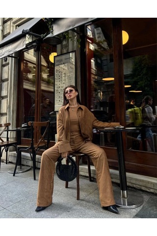 Süet Gömlek Palazzo Pantolon İkili Takım - Kahve Kahve