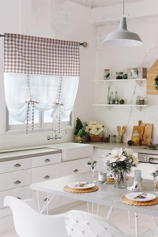 Naturel Potlu Ekose Tül Perde Retro Kahve Rengi