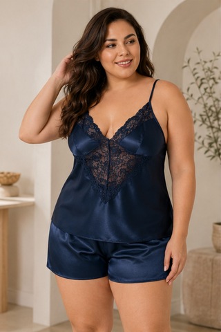 Loule Büyük Beden Lacivert Saten Şortlu Pijama Geniş Dantel Detaylı