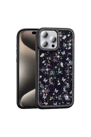 Apple Uyumlu iPhone 15 Pro Kılıf Taşlı Ve Simli Tasarım Zore Azra Kapak Siyah