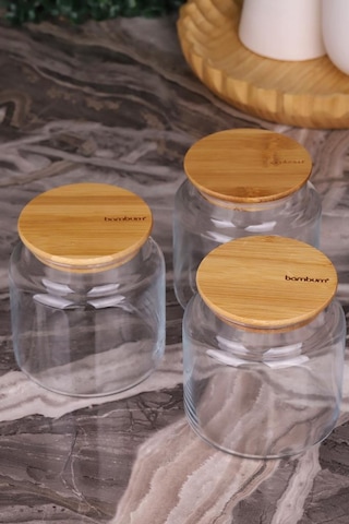 Zone - 3'lü Cam Saklama Kabı 600ml Vakumlu Bambu Kapaklı Ahşap - Şeffaf