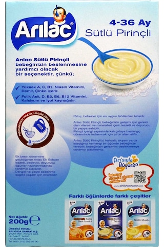 Arılac Instant Sütlü Pirinçli 4-36 Ay Kaşık Maması 200 G