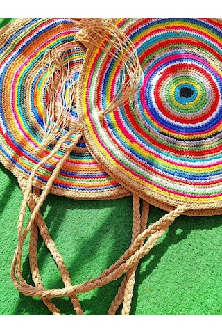 Kemzey Handmade Yuvarlak Xxl Çizgili Tote , Kağıt İp El Yapımı Renkli Çanta Çok Renkli Sarı