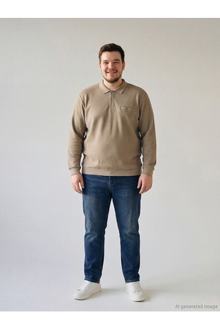 Lcwaıkıkı Classic Bej Büyük Beden Polo Yaka Erkek Sweatshirt