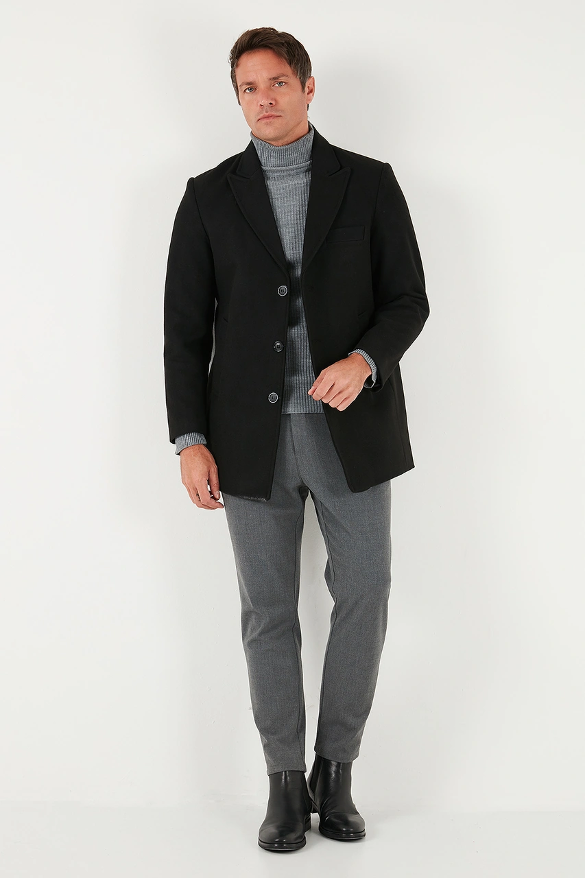 Buratti Slim Fit Apaş Yaka Astarlı Kaşe Erkek Kaban 584K1217 Siyah