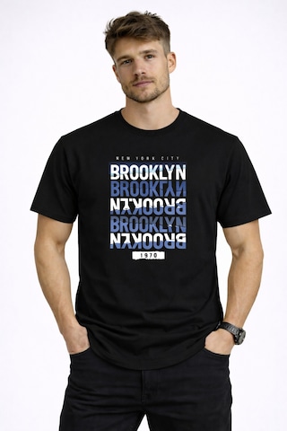 Herkesemoda Brooklyn Yazı Detaylı Erkek Basic T-shirt Siyah