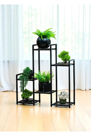 Dekoratif Metal 6 Raflı Saksılık Katlı Dikey Saksı Standı Çiçeklik Bahçe Ve Balkon Dekoru Garden Siyah