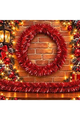 5 Metre Kırmızı Garland Kırmızı Çam Dalı 6 Cm Çap Yılbaşı Garlandı Parlak Metalik Dekor İnce Garland Diğer