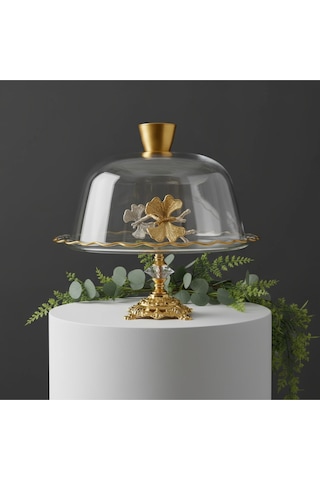 Çnr Home Collection Gold Metal Ayakli Cam Kapakli Kek Pasta Standi Fanus Gri