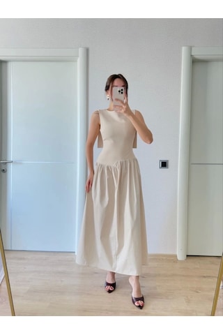 Defymoda Arkası Kanatlı Uzun Elbise- Bej Bej