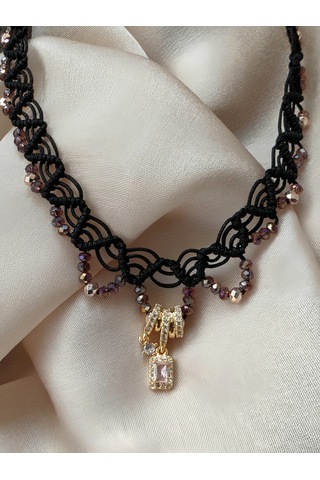 Makrome Bohem İp Örme Yavru Ağzı El Yapımı Bağlamalı Kolye Siyah