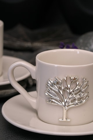 Hayat Ağacı Platin Kabartma Motif 4 Parça 2 Kişilik Kahve Fincan Takımı