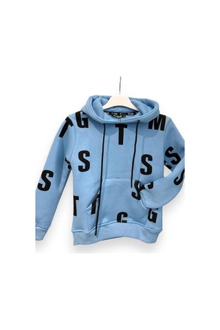 Çocuk Harf Baskılı Şardonlu Kapuşonlu Sweatshirt-15195 Mavi