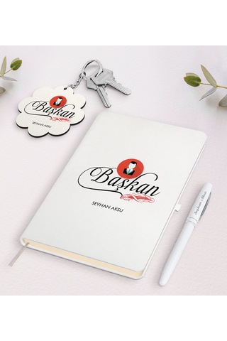 Kişiye Özel Başkan Beyaz Defter Kalem Ve Anahtarlık Seti-2