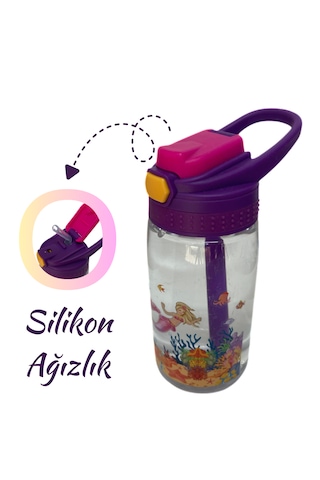 480 Ml Baskılı Çocuk Matarası Kilitli Kapak Ve Taşıma Kulpu Mor