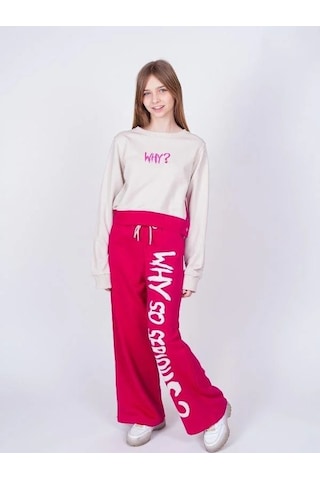 Kız Çocuk Why Yazılı Yanlardan Çıt Çıtlı Bol Paça Eşofman Takım-13538 Fuşya