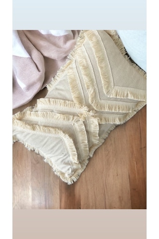 Dnc Home Tekstil Ndchome Çoklu Püsküllü Krem Keten Kırlent Kırlent Kılıfı 35 X 55