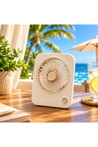 Vıp Yüksek Kalite Krem Masa Üstü Fan Kare El Fanı Plajda Çadırda 3 Hız Kademeli Şarjlı Fan 15x12 Cm